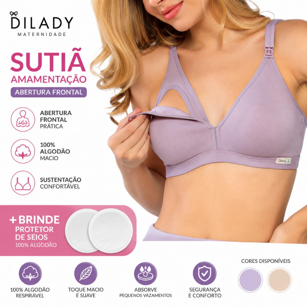 Sutiã Amamentação Dilady com Abertura Frontal + Protetor de Seios 100% Algodão 0130100 Maternidade
