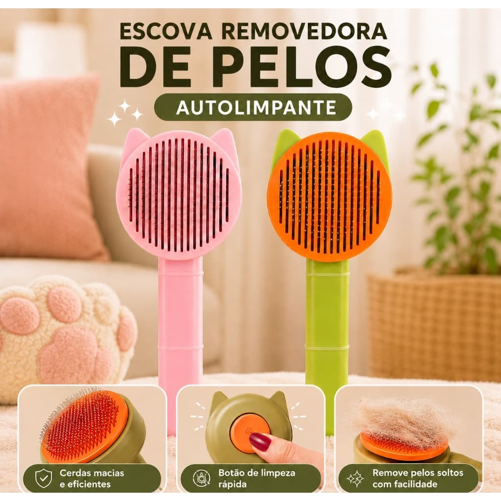 Escova Removedora de Pelos Pet Formato de Gato Autolimpante Para Cães e Gatos SORTIDO