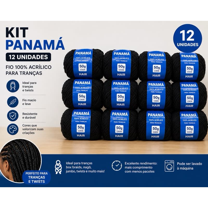 Kit 12 unidades Cabelo Fio Panamá Preto para Tranças Ou Dreads 50gr