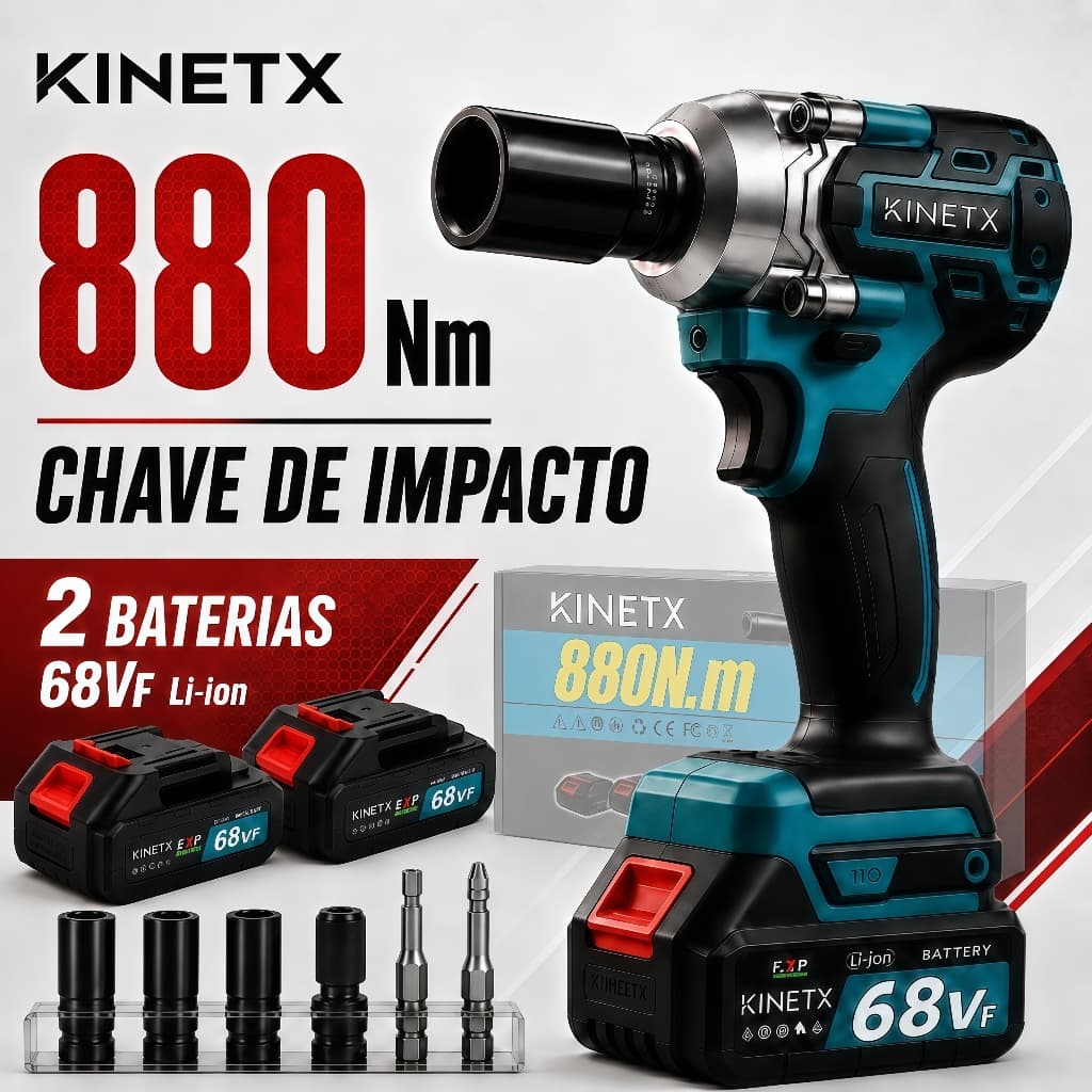 Chave de Impacto KINETX Brushless 1/2” 880 Nm Sem Fio 68VF com 2 Baterias, Soquetes