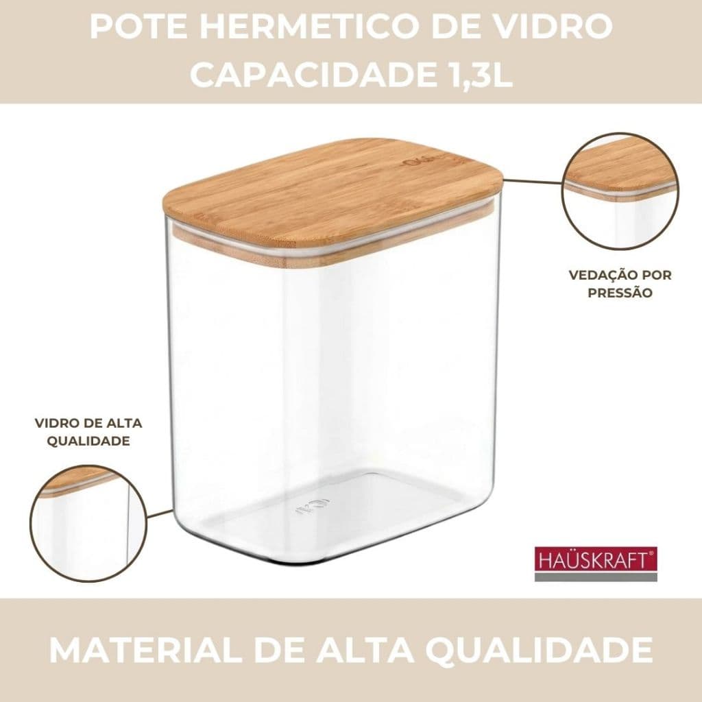 Pote Hermético Hauskraft Retangular Vidro para temperos com tampa de bambu e vedação de silicone
