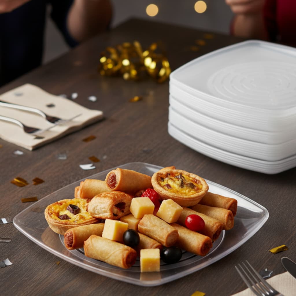 50 Pratos de Acrílico Quadrados 22cm Cristal e Branco Mesa Festa Churrasco Refeição
