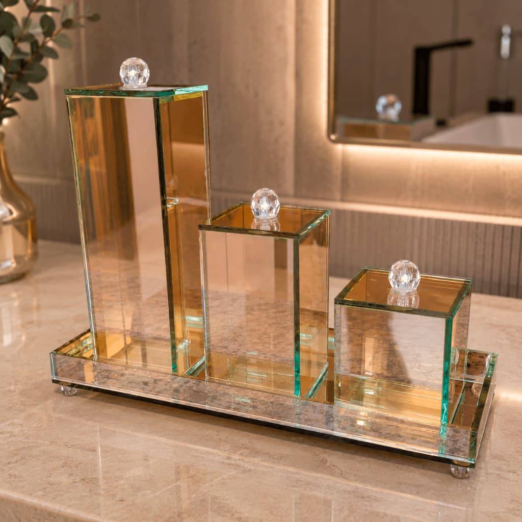 Kit Lavabo Luxo com Bandeja Trio Organizador de Vidro 4 Peças Banheiro Premium