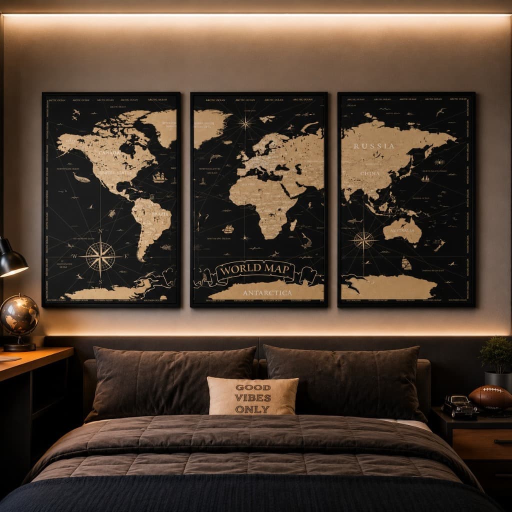 Quadros 3 Peças Decorativos Mapa Mundi Países e Continentes Para Escritório Sala Quarto Decoração Moderna