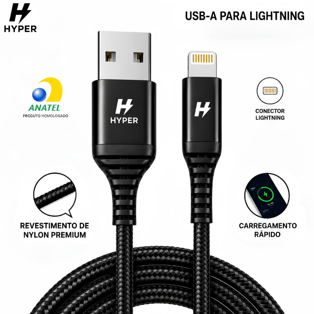 Cabo USB Lightning Hyper Carregamento Rápido iPhone Standard Reforçado - Envio Imediato