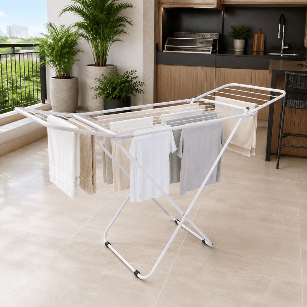 Varal de Chão Reforçado Dobrável Secador de Roupas em Aço Grande Compacto 135cm Lavanderia Reforçado Retrátil