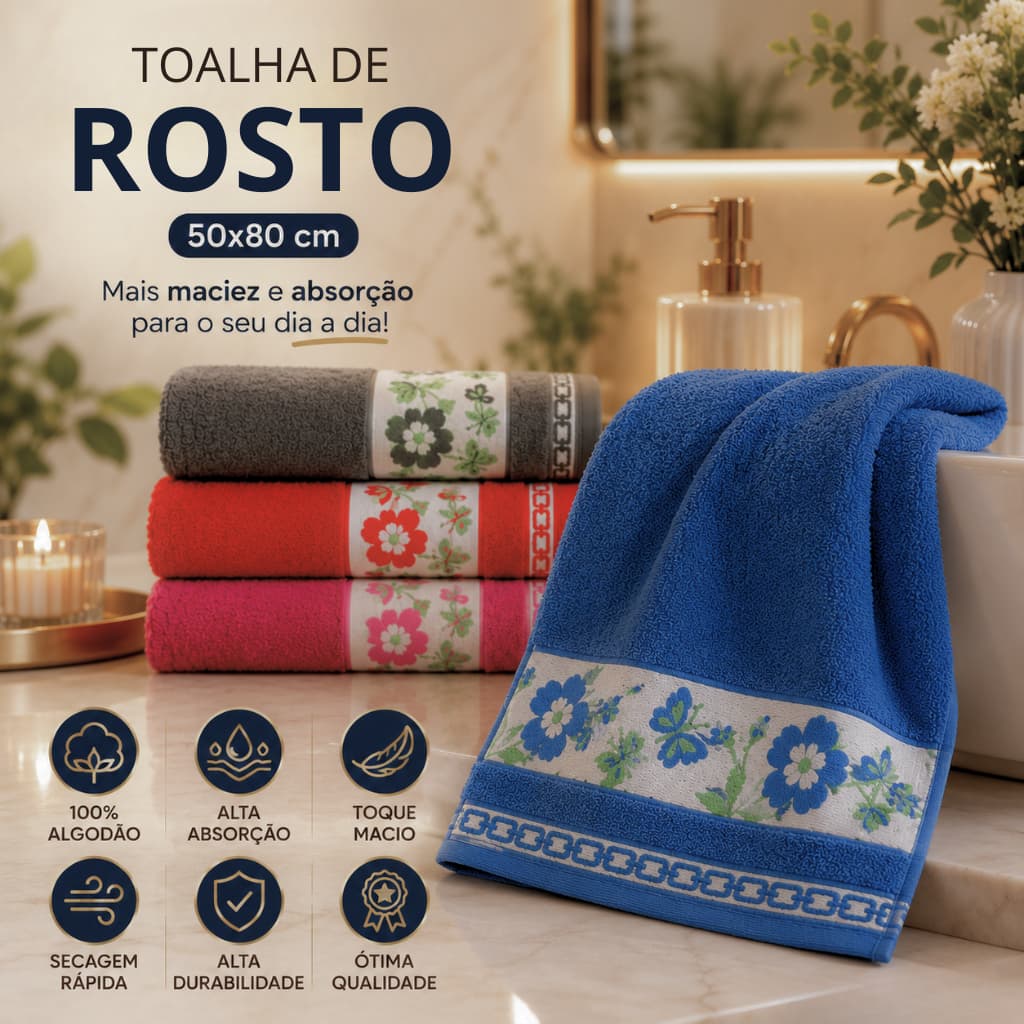 Kit 4 Toalhas de Rosto 50x80 Grandes Toalha Lavabo Secar Mãos 100% Algodão Grossa Felpuda Toalha Bordada Delicada