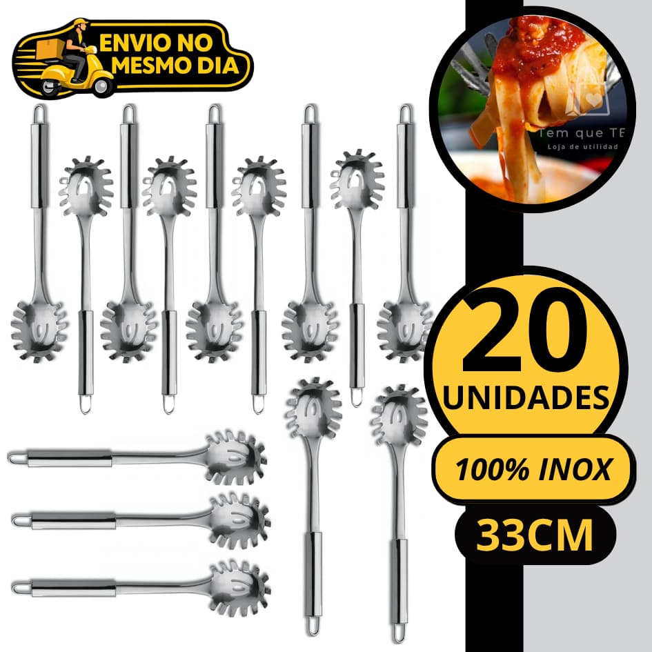 KIT 10/20 Pegador de Massas 100% Aço Inox GRANDE 33cm Profissional Colher para Servir Espaguete Macarrão Massa