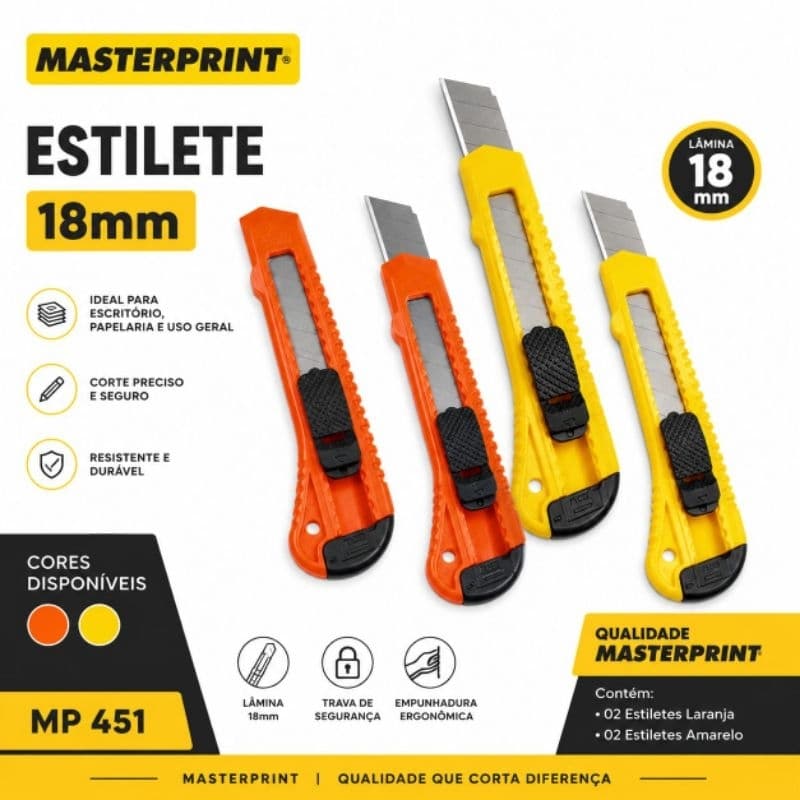 Estilete Masterprint 18mm MP451 Profissional Escritório Papelaria Artesanato Corte Preciso cores sortidas