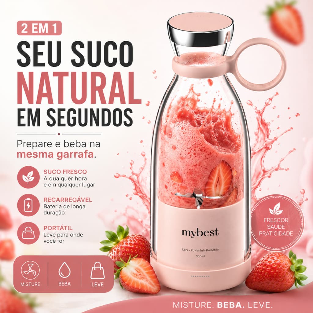 Mini Liquidificador Portátil Recarregável USB 350ml Garrafa Mixer 2 em 1 Para Sucos e Vitaminas Rosa