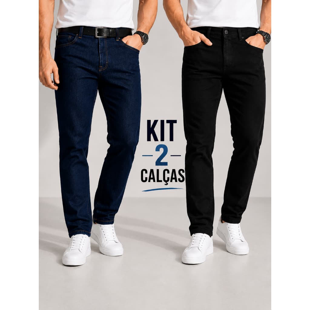 Kit 2 Calças Jeans Masculina Tradicional Perna Larga Reforçada Elastano Reta Básica Lycra Country