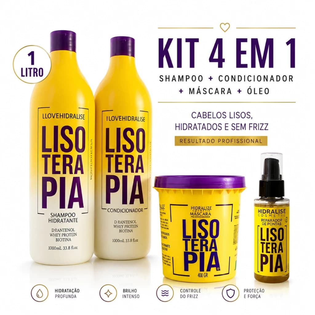 Kit Lisoterapia Shampoo e Condicionador 1L+ Máscara + Óleo Reparador Pontas 60ml