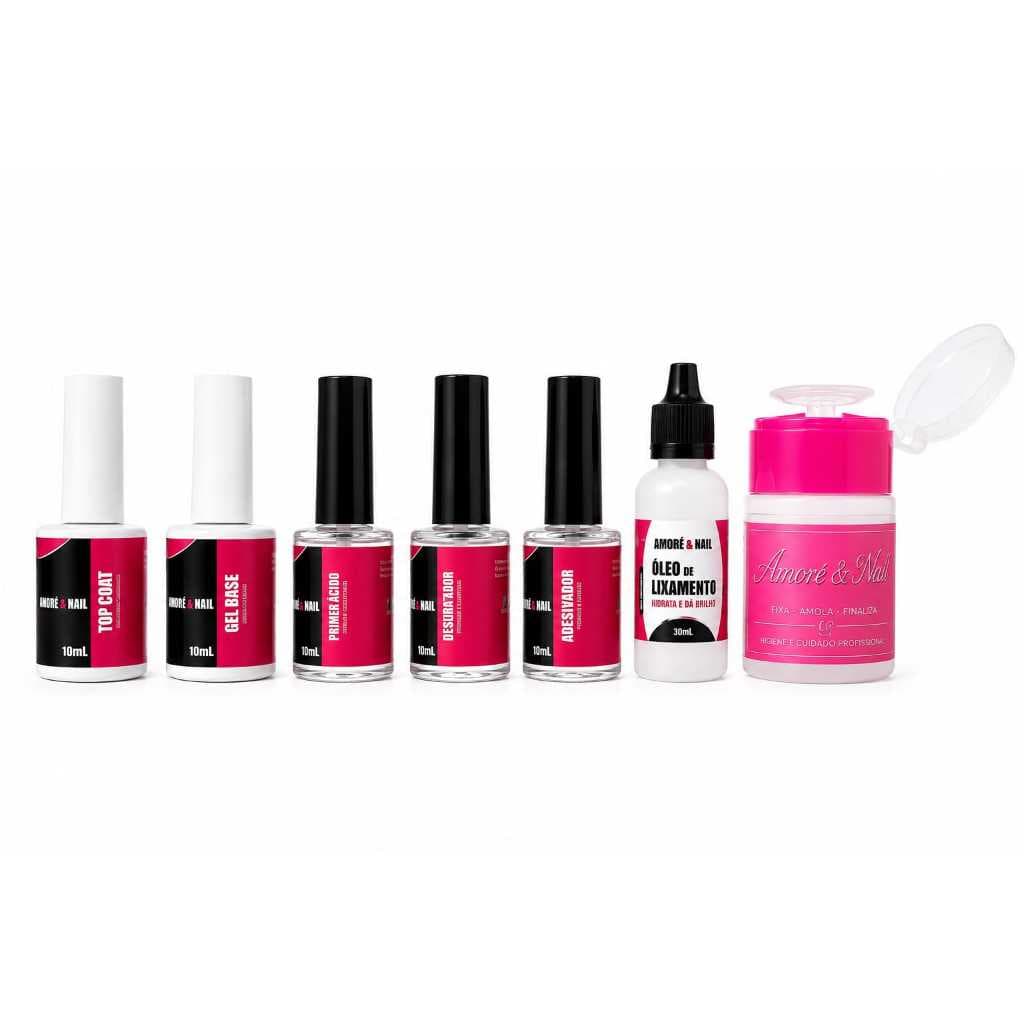 Kit 5 Preparadores Profissional + Oléo De Lixamento 30ml + Frasco Pump 100ml Unhas Iniciante AMORÉ&NAIL Lançamento