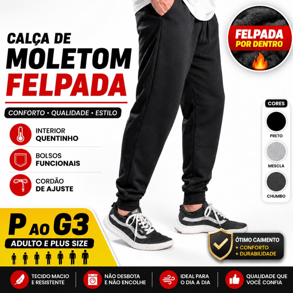 Calça Moletom Masculina Felpada Grossa Inverno P ao G3 Plus Size Com Bolso Cordão Ajuste Confortável