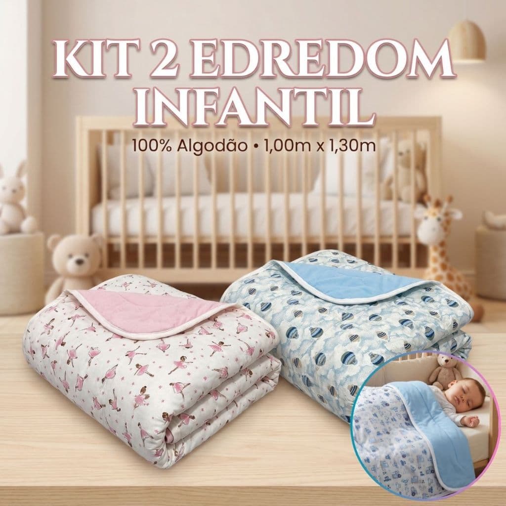 Kit 2 Edredom Berço Bebê Estampado Dupla Face Cobertor Menino E Menina Infantil Macio