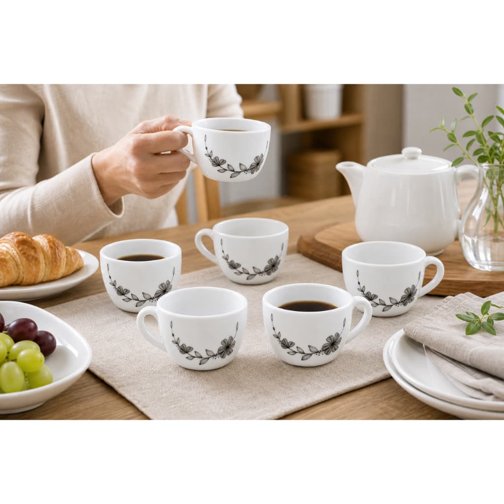 Conjunto Seis Xicaras Chá Café Porcelana Branca Floral Capacidade 130ml