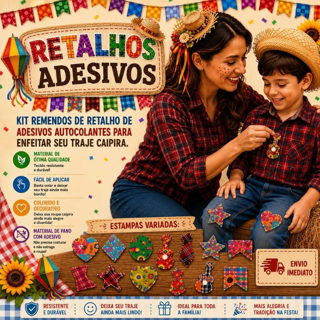 Kit Adesivos Remendos Retalho Festa Junina Autocolante 6 Peças Caipira Para Roupa Camisa Vestido Menino e Menina