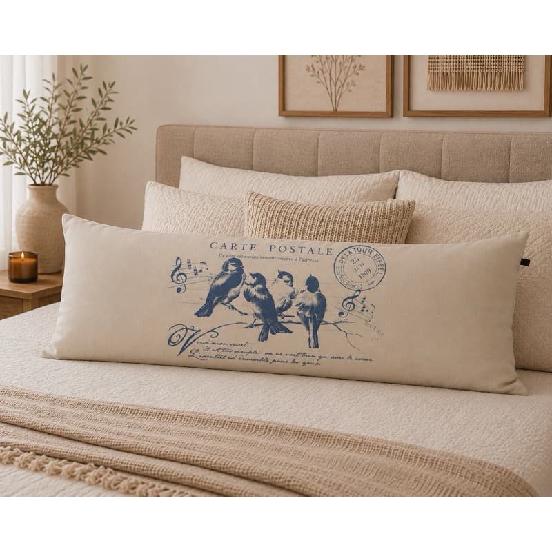 Travesseiro De Corpo Body Pillow 40x130cm Suede Bege Pássaros Azul