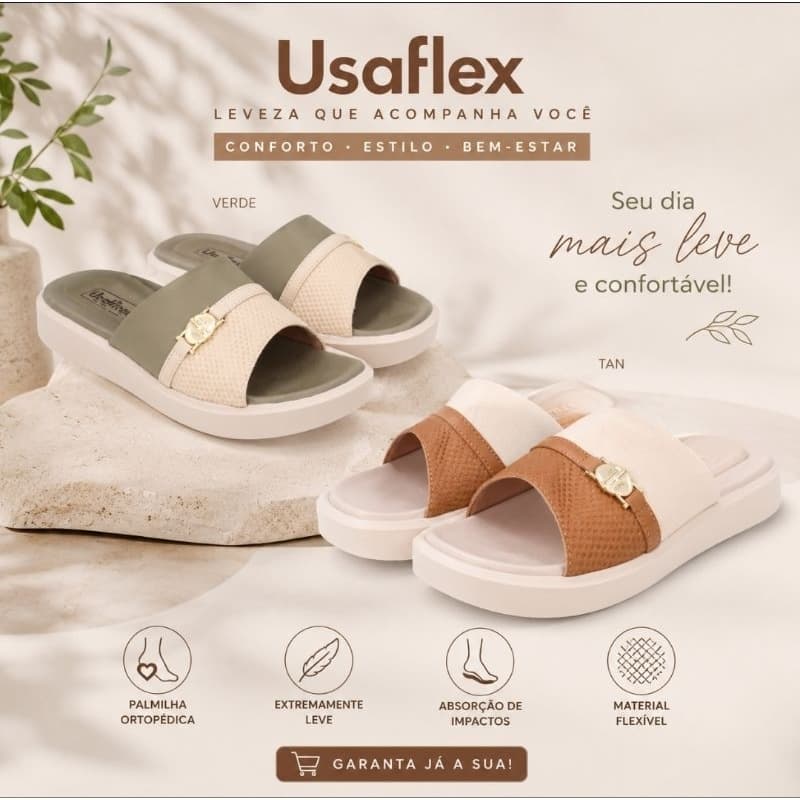 Sandália Tamanco Casual Ortopédico Usaflex AL0103004 Moda Confortável Original Verde e Tan