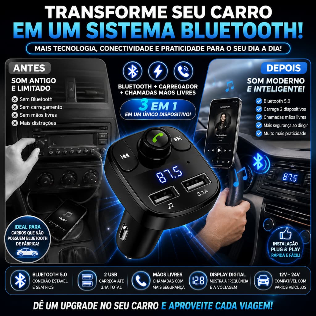 Transmissor de Áudio Bluetooth Rádio FM Adaptador Veicular Carregador USB e Som Automotivo MP3 Carro