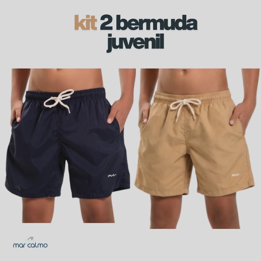 KIT 2 BERMUDA MAURICINHO JUVENIL MASCULINO TACTEL COM ELASTANO PREMIUM LISO CADARÇO CRU  CAMINHADA PRAIA