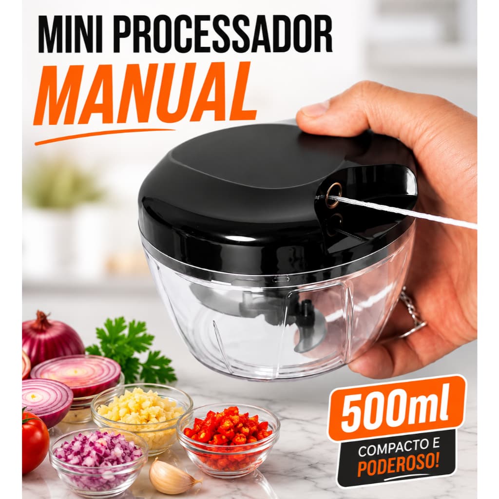 Processador Manual 500ml 3 Lâminas Triturador Alimentos Pica Cebola Alho Temperos Sem Energia