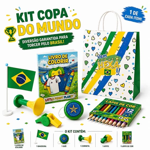 Kit Infantil Copa do Mundo Pintura Diversão Brinquedos Sacola Lapis de Cor Apitos Ioiô Brinde
