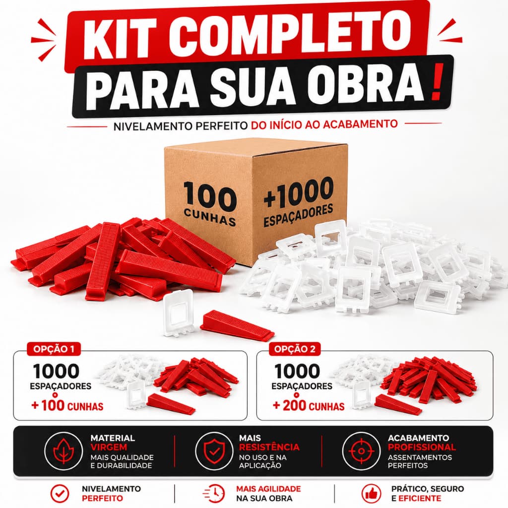 Kit Espaçador Nivelador Slim 1000 Peças + 100 ou 200 Cunhas Nivelamento Piso Porcelanato One Shop
