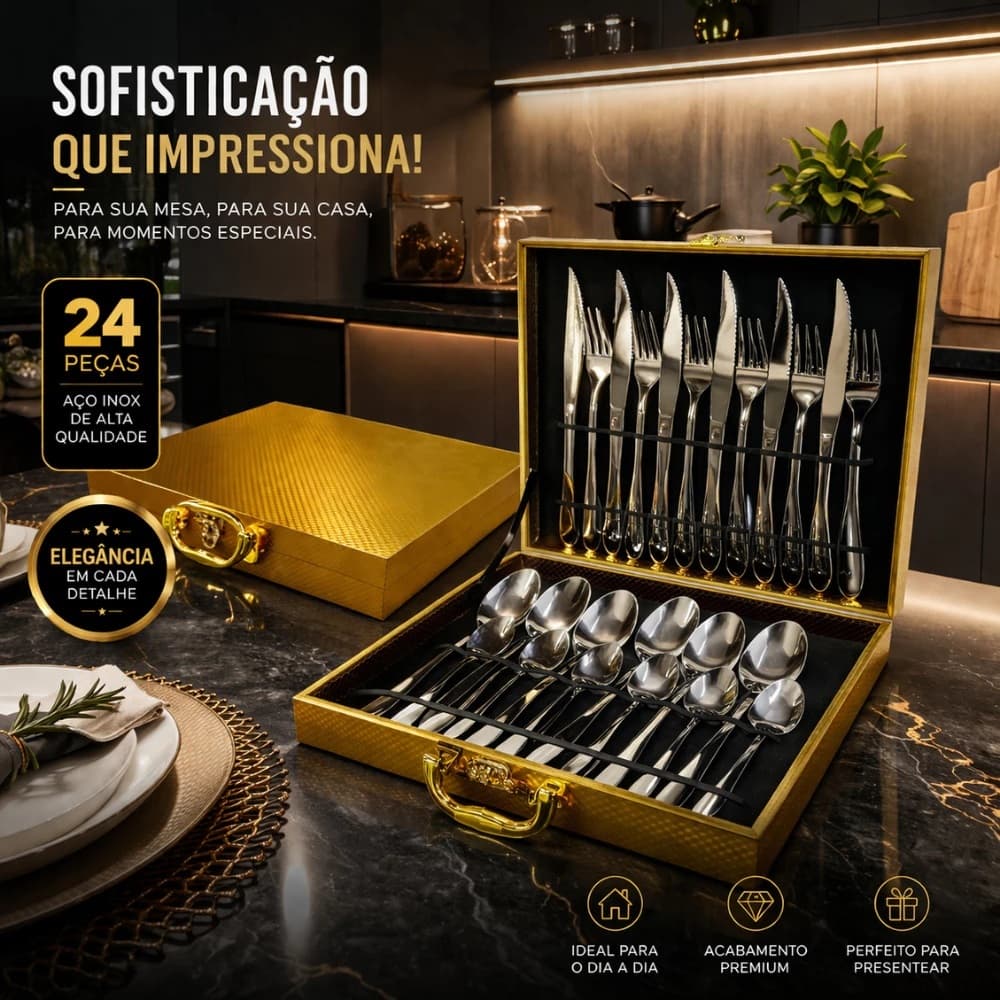 Conjunto Talheres Inox 24 Peças Maleta Dourada Luxo Elegância Jantar Almoço Refeições Cozinha
