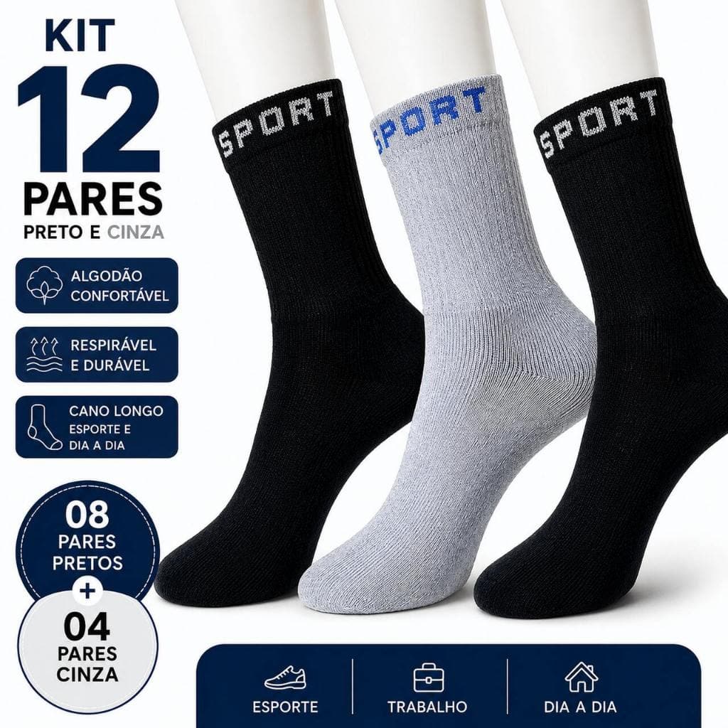 kit com 12 Pares de meias preta com cinza esportiva uso dia a dia