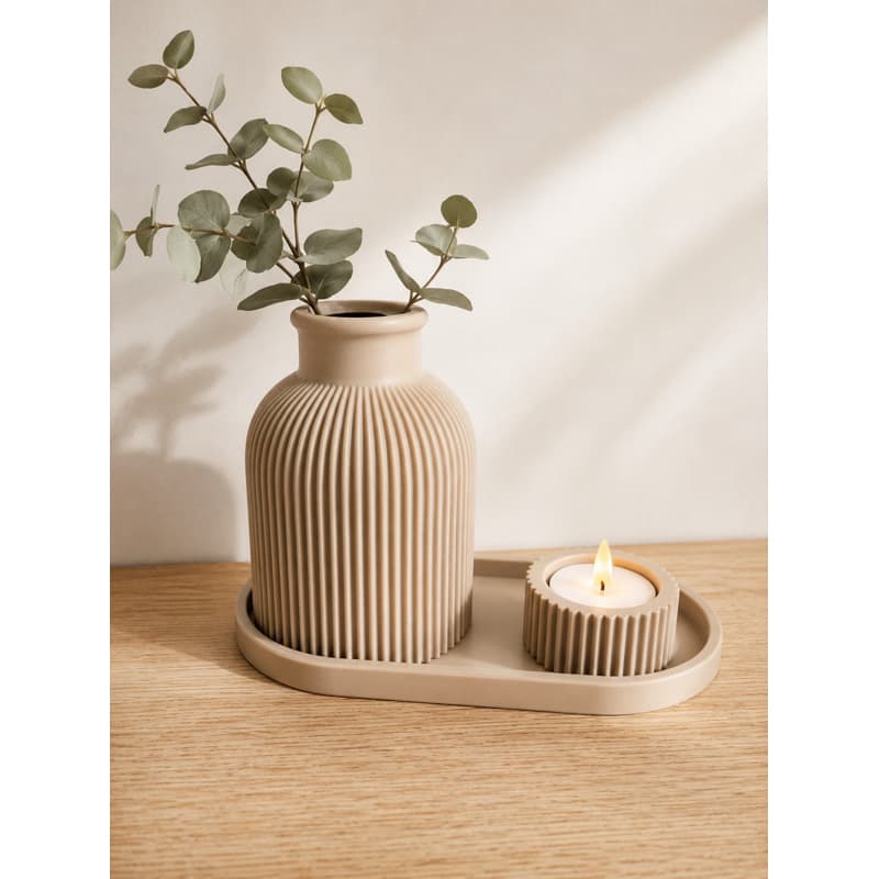 Kit Decorativo Minimalista Vaso, Porta-Vela com vela led e Bandeja