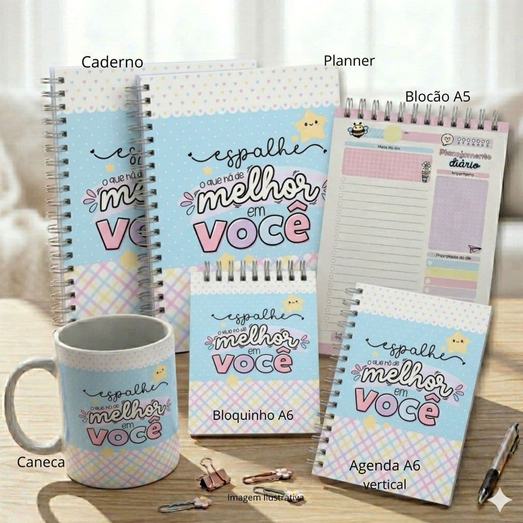 Kit presente Agenda + Caderno frases fofas Vertical A5 ou A6 2026 permanente