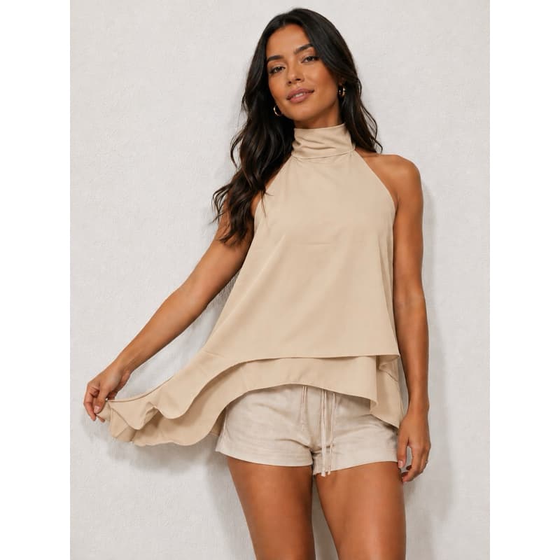 Blusa Feminina Gola Alta Frente Única Soltinha com Babado Tecido Leve envio rápido