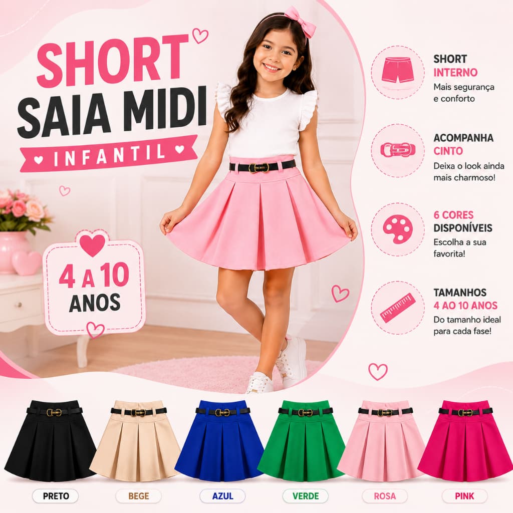 Saia Com Short Interno Bloguerinha Infantil Rodado Midi Com Cinto Menina 4 6 8 10 Anos