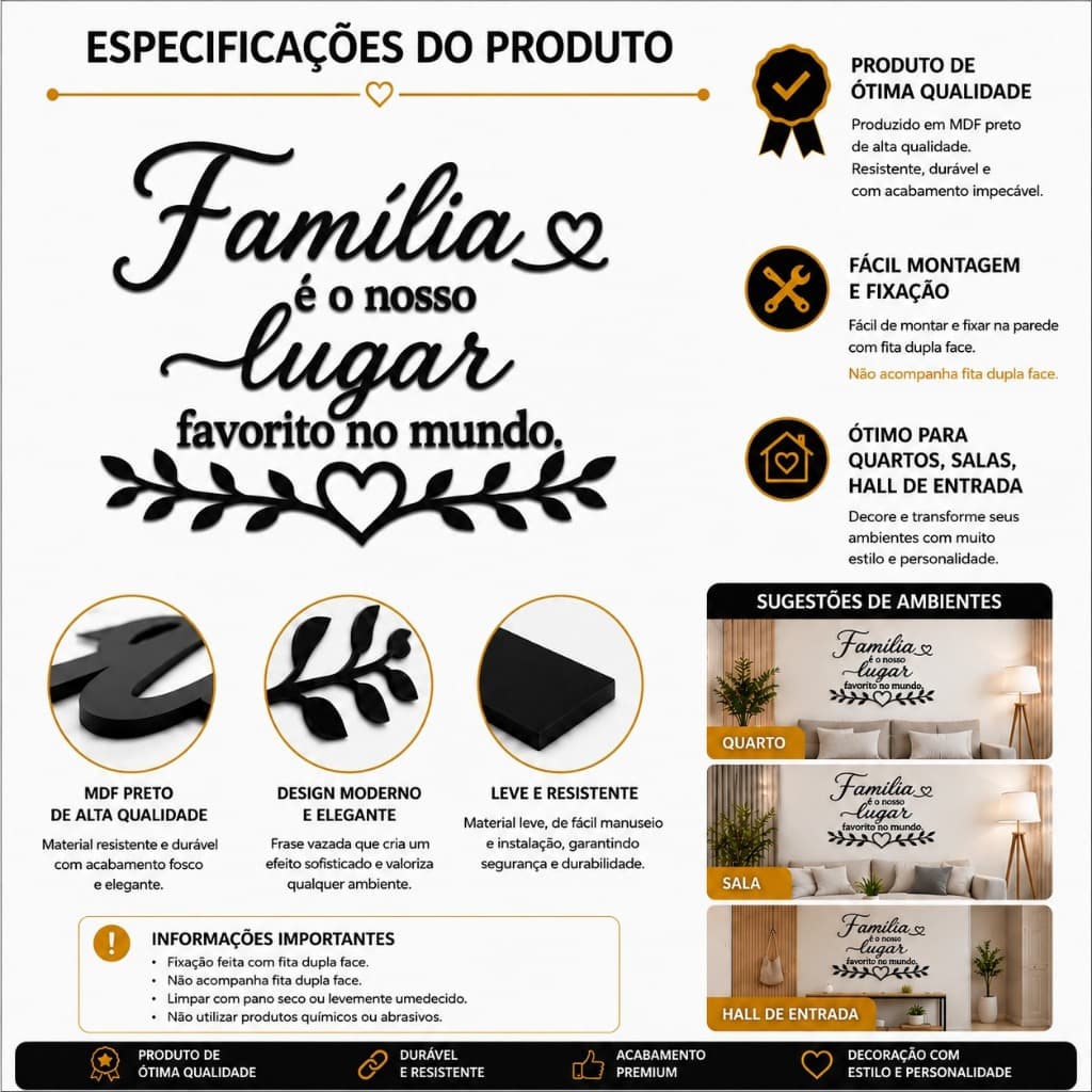 Frase Decorativa Familia e o Nosso Lugar Favorito No Mundo MDF Preto 3mm para Sala Quarto Hall