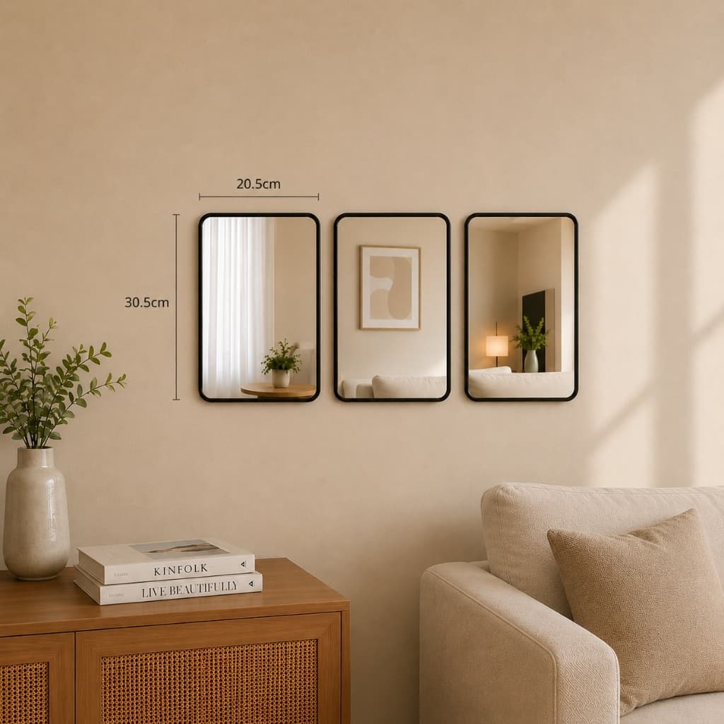 Kit 3 Espelhos Decorativos 30,5x20,5cm Moldura Preta Retangular para Sala Quarto Banheiro Escritorio