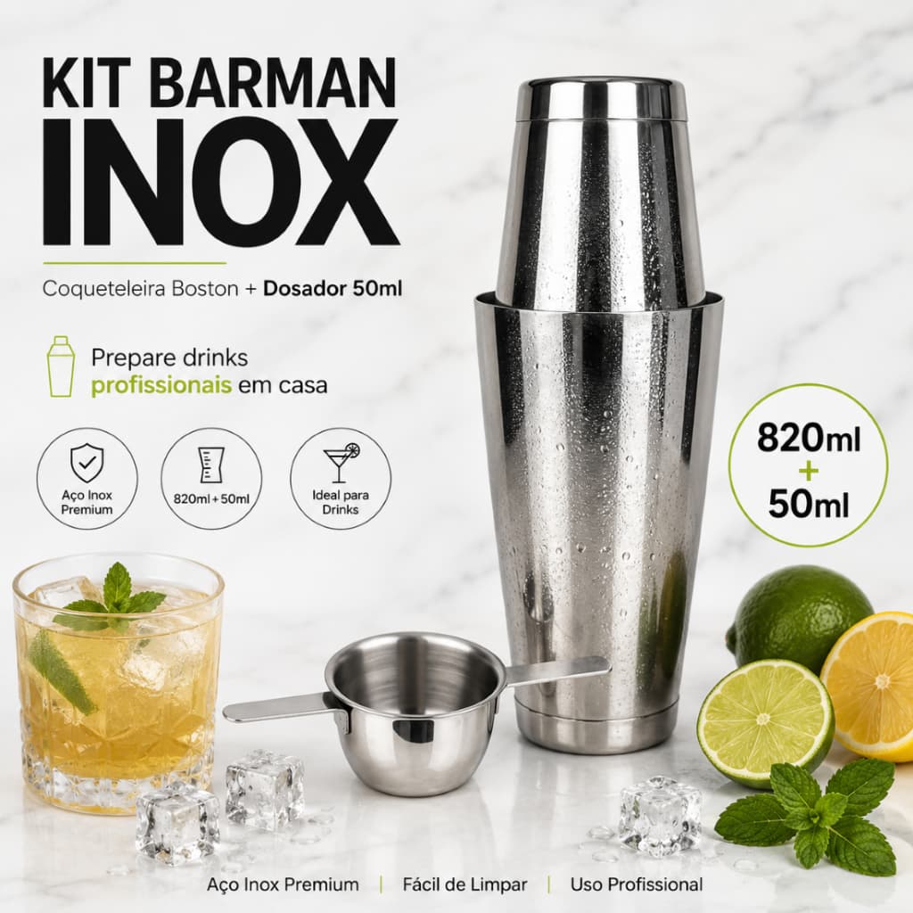 Kit Barman Profissional Coqueteleira Boston 820ml C/ Peso + Dosador De Bebidas 50ml Aço Inox Premium