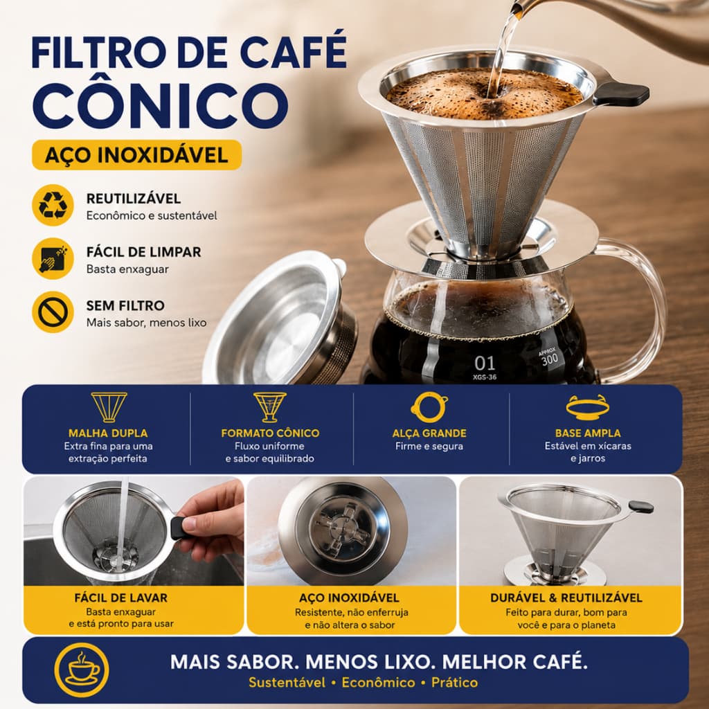 Filtro de Café Inox Reutilizável 304 Coador Permanente para Café Sem Filtro de Papel