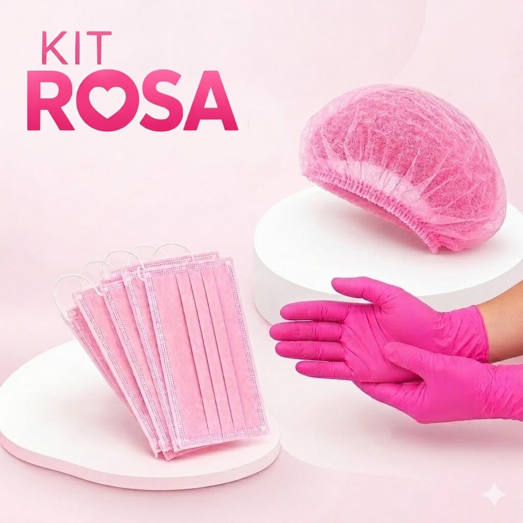 Kit Luva Nitrílica + Touca + Mascara Rosa TNT  Descartável com ANVISA