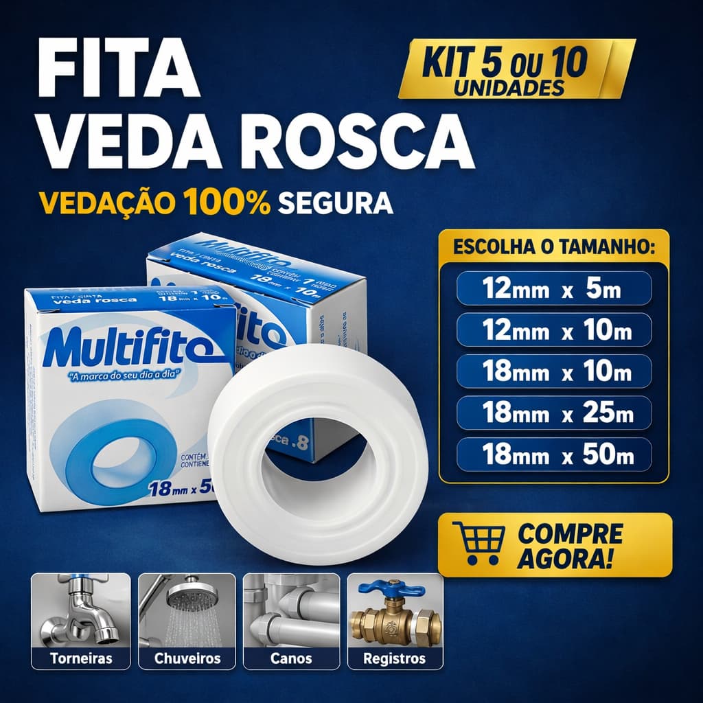 Kit 5 10 Fitas Veda Rosca Encanador PTFE 12mm 18mm Anti Vazamento Alta Vedação Água Gás Atacado