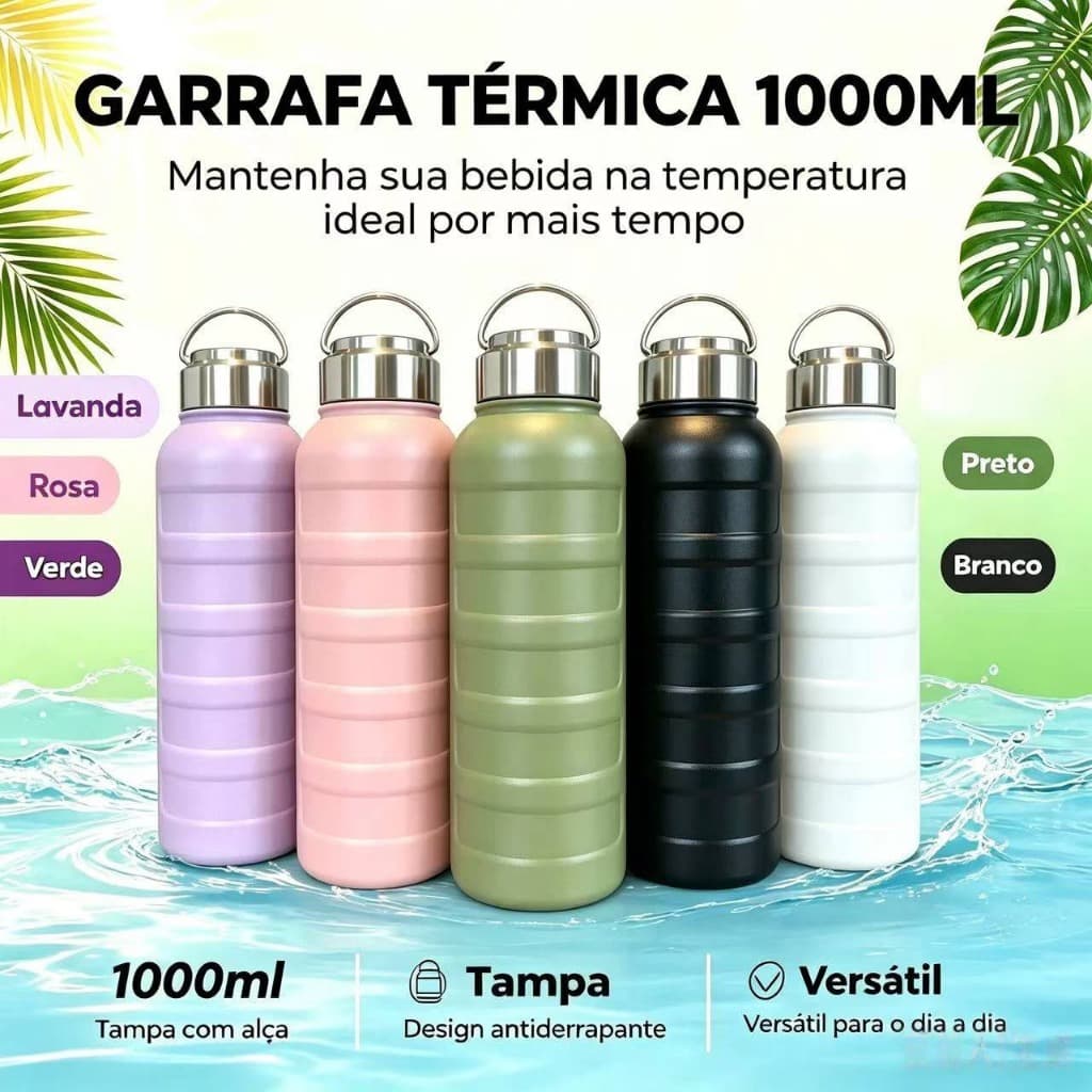 Garrafa Térmica Grande 1000ml Varias Cores, Tampa com Alça, Isolamento Térmico de Longa Duração para Uso Diário