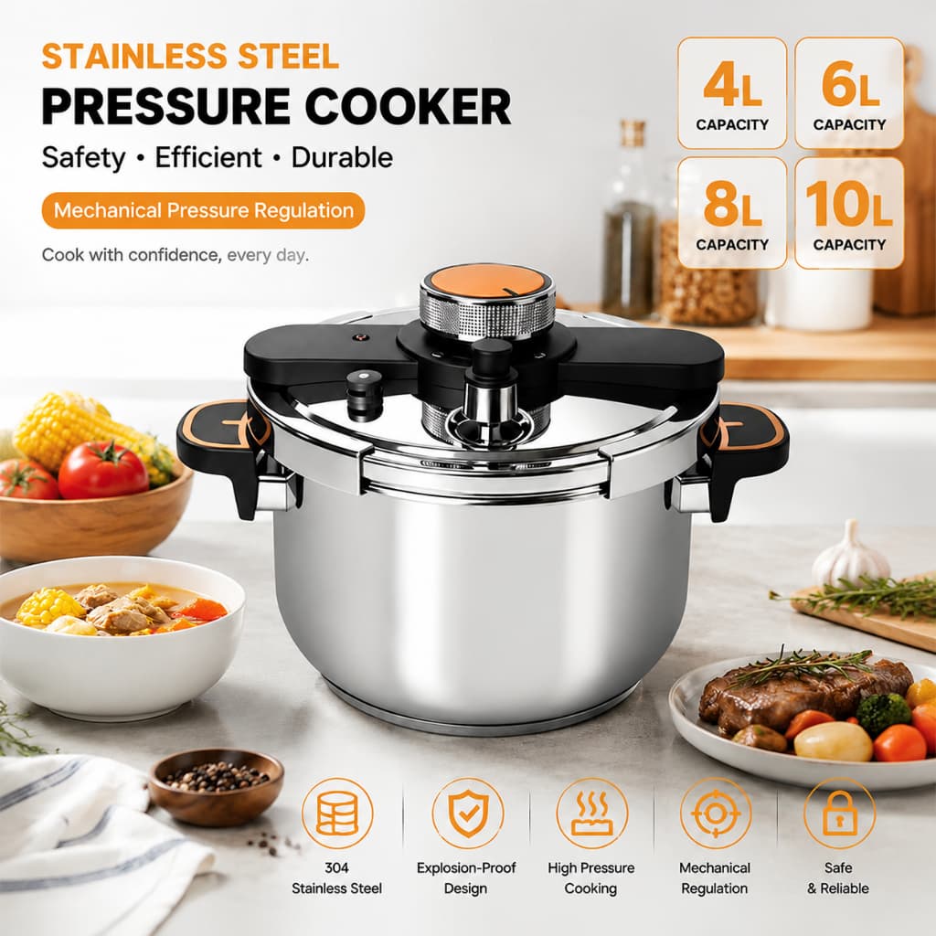 Panela de Pressão Inox 4L 6L 8L 10L Indução Antiexplosão 3 Níveis Travamento Segurança Cozimento Rápido