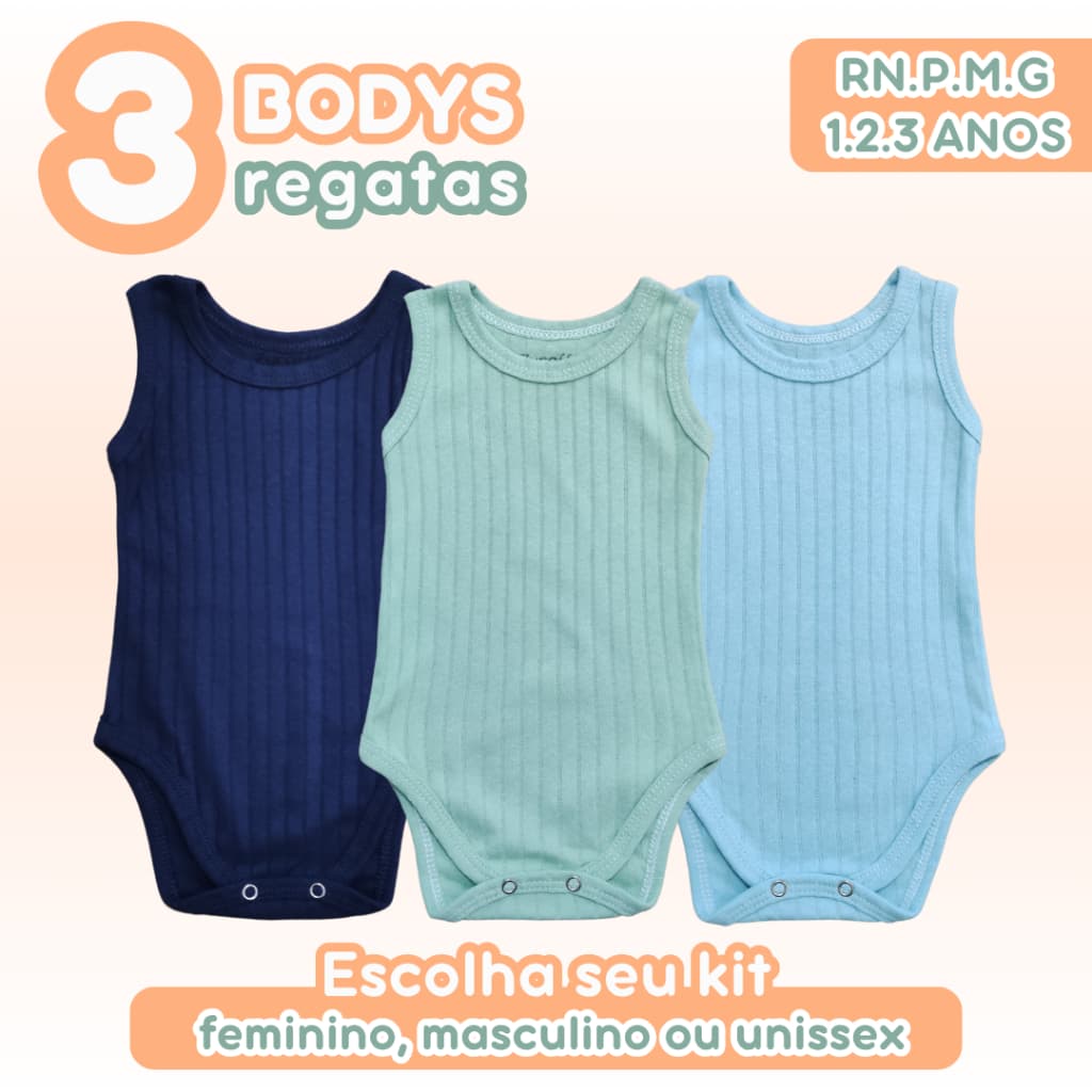 Kit 3 Bodys Regata Bebê Comfort Baby 100% Algodão Canelado Liso Cores Verão Calor Feminino Masculino RNPMG e 1.2.3 anos