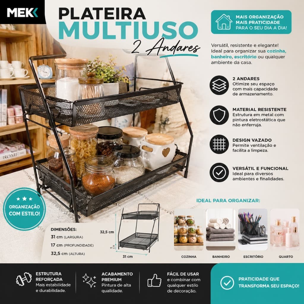 Prateleira Organizador Dupla Ferro Banheiro Cozinha Multiuso CLINK tamanho 31 x 17 x 32 cm
