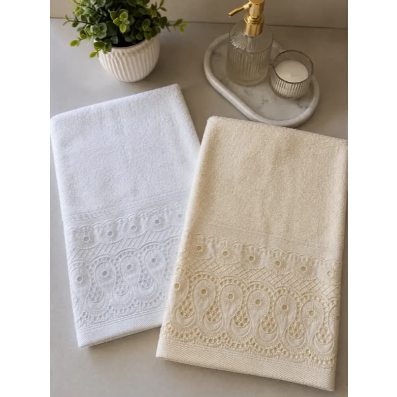 Kit 2 Toalha De Lavabo Mão Branca Creme 50x30 Bordada Jolite