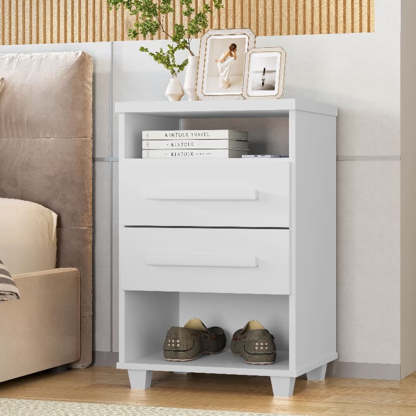 Mesa Cabeceira Branco 2 Gavetas com Nicho 45CM Puxador MDP Mesinha Canto Para Quarto Cama Criado Mudo