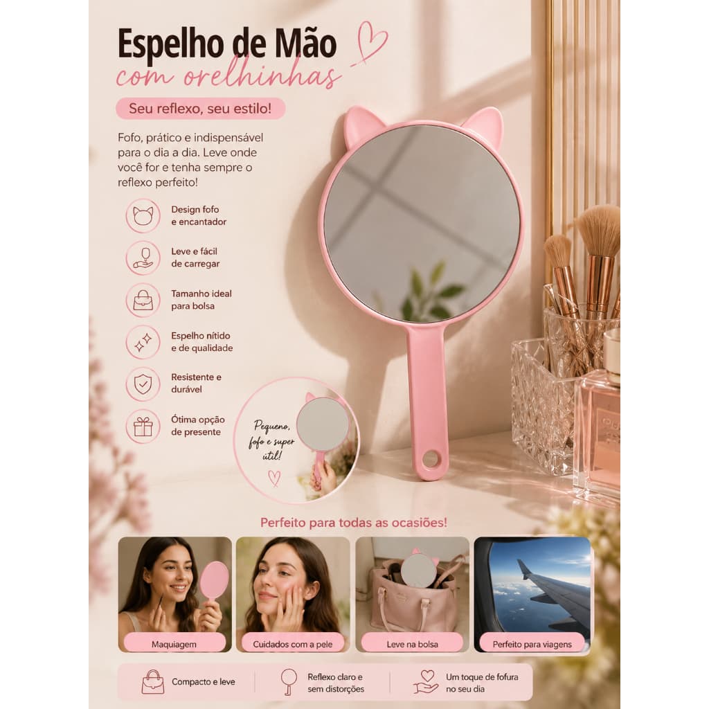 Espelho de mão - Formato de Gatinho 23cmx12,5cm - COD:2358