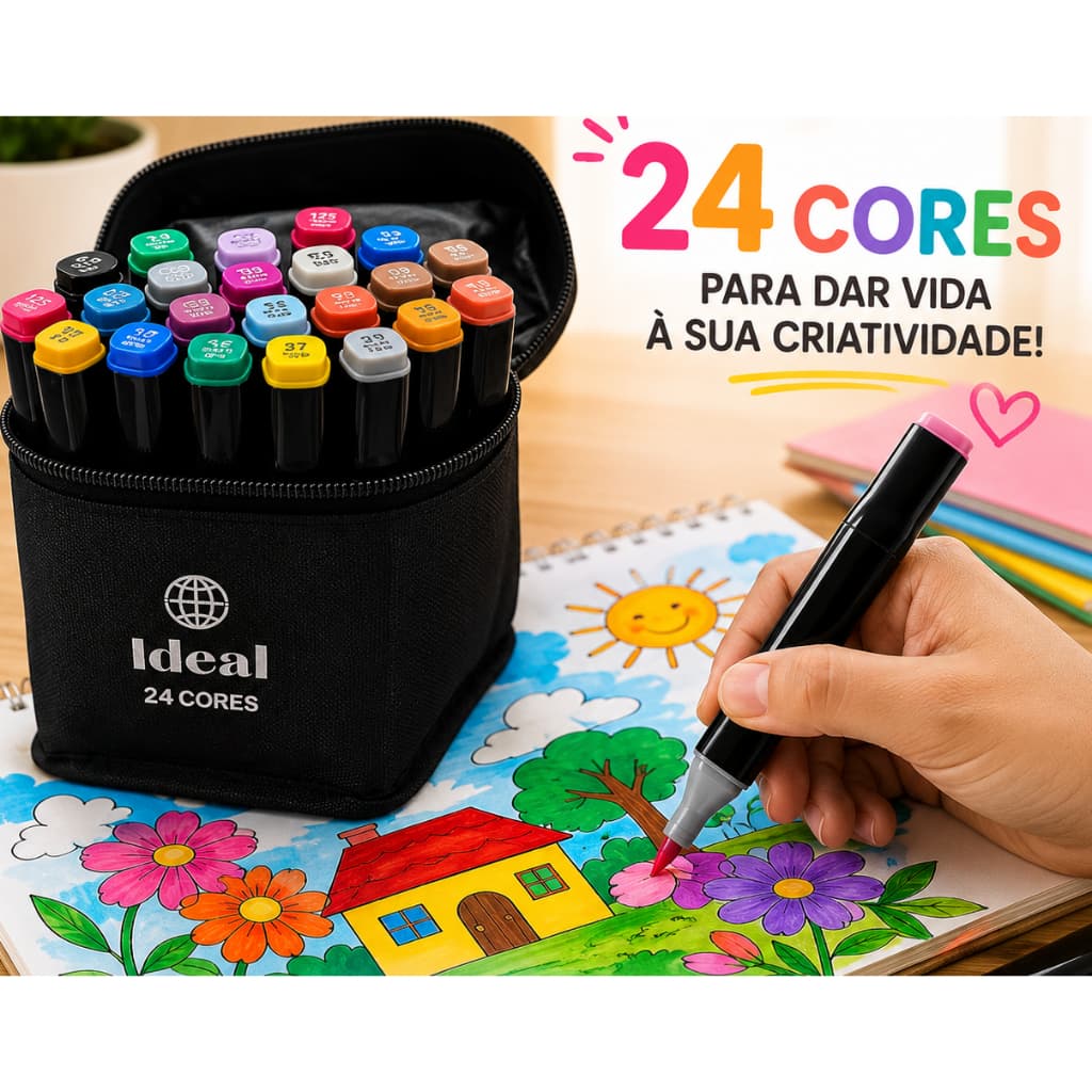Estojo 24 Canetas Hidrográficas Ponta Fina Para Desenho Pintura Material Escolar