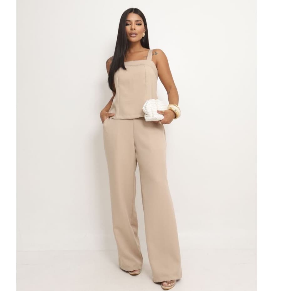 Conjunto Feminino Regata E Calça Pantalona Alfaiataria Zíper e Elástico Elegante Moda Casual