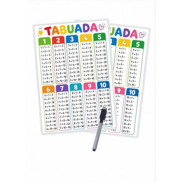 Tabuada Multiplicação Multiplicar Educativo Infantil Colorida 1 ao 10 Frente Verso + Caneta
